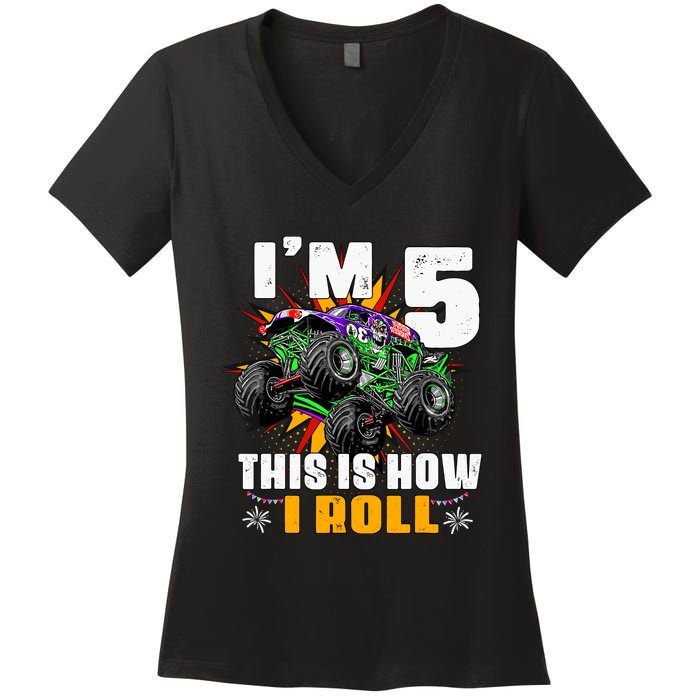 Monster Trucks 5th Birthday Party Five Years Women's V-Neck T-Shirt