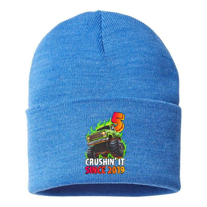 Monster Truck 5 Year Old  5th Birthday Party Born 2019  Sustainable Knit Beanie