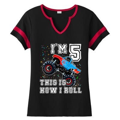 Monster Trucks 5th Birthday Party 5 Years Old Birthday Ladies Halftime Notch Neck Tee