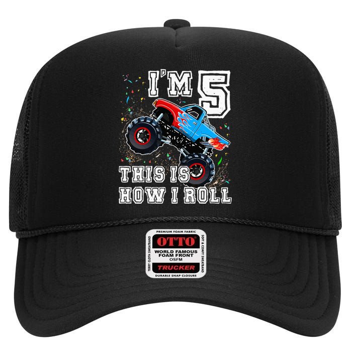 Monster Trucks 5th Birthday Party 5 Years Old Birthday High Crown Mesh Back Trucker Hat