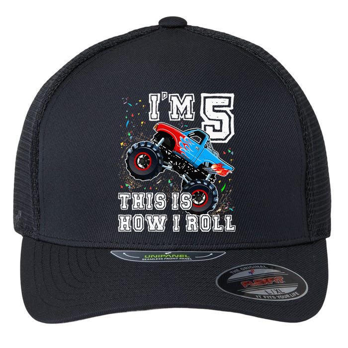 Monster Trucks 5th Birthday Party 5 Years Old Birthday Flexfit Unipanel Trucker Cap