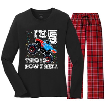 Monster Trucks 5th Birthday Party 5 Years Old Birthday Women's Long Sleeve Flannel Pajama Set 