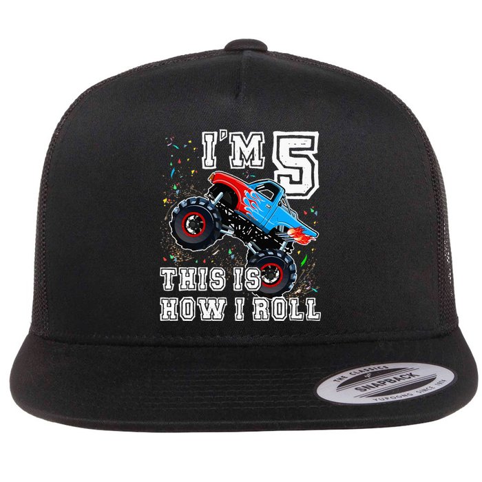 Monster Trucks 5th Birthday Party 5 Years Old Birthday Flat Bill Trucker Hat