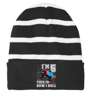 Monster Trucks 5th Birthday Party 5 Years Old Birthday Striped Beanie with Solid Band