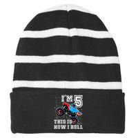 Monster Trucks 5th Birthday Party 5 Years Old Birthday Striped Beanie with Solid Band