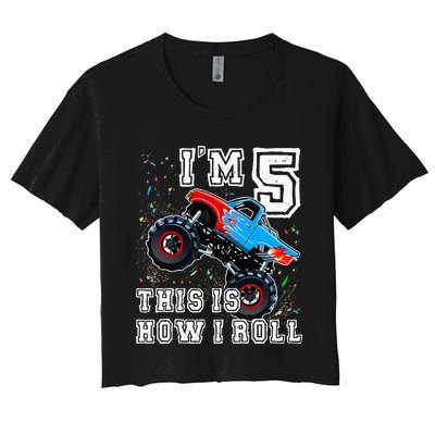 Monster Trucks 5th Birthday Party 5 Years Old Birthday Women's Crop Top Tee