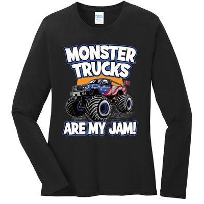 Monster Trucks Are My Jam | American Flag Monster Truck Ladies Long Sleeve Shirt