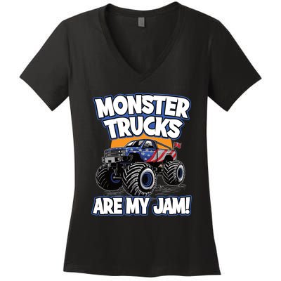 Monster Trucks Are My Jam | American Flag Monster Truck Women's V-Neck T-Shirt