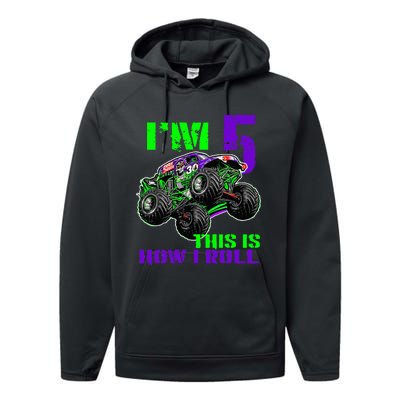 Monster Trucks Are My Jam 5th Birthday Boy 5 Years Old Bday Performance Fleece Hoodie