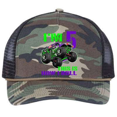 Monster Trucks Are My Jam 5th Birthday Boy 5 Years Old Bday Retro Rope Trucker Hat Cap