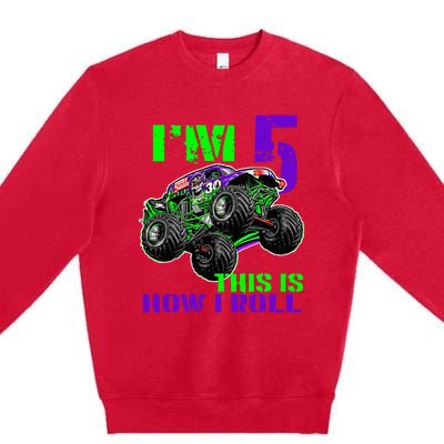 Monster Trucks Are My Jam 5th Birthday Boy 5 Years Old Bday Premium Crewneck Sweatshirt