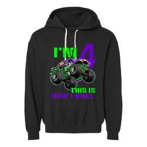 Monster Trucks Are My Jam 4th Birthday Boy 4 Years Old Garment-Dyed Fleece Hoodie