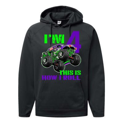 Monster Trucks Are My Jam 4th Birthday Boy 4 Years Old Performance Fleece Hoodie