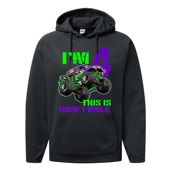 Monster Trucks Are My Jam 4th Birthday Boy 4 Years Old Performance Fleece Hoodie