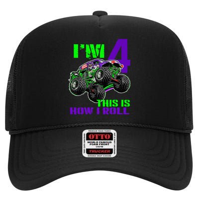 Monster Trucks Are My Jam 4th Birthday Boy 4 Years Old High Crown Mesh Back Trucker Hat