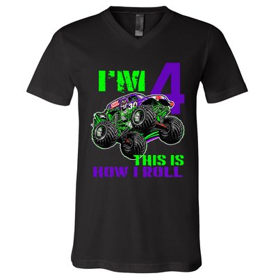 Monster Trucks Are My Jam 4th Birthday Boy 4 Years Old V-Neck T-Shirt