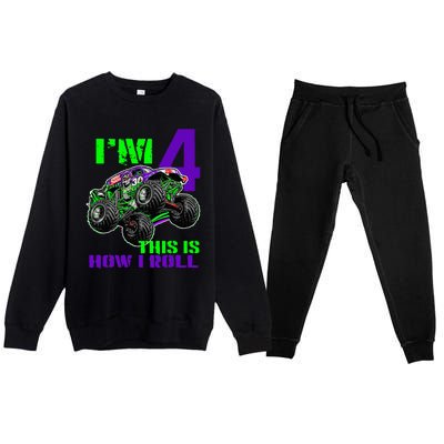 Monster Trucks Are My Jam 4th Birthday Boy 4 Years Old Premium Crewneck Sweatsuit Set