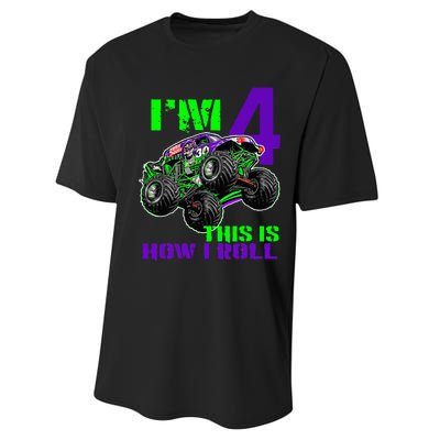 Monster Trucks Are My Jam 4th Birthday Boy 4 Years Old Performance Sprint T-Shirt