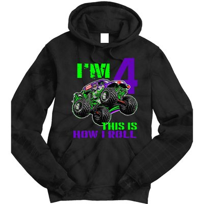 Monster Trucks Are My Jam 4th Birthday Boy 4 Years Old Tie Dye Hoodie