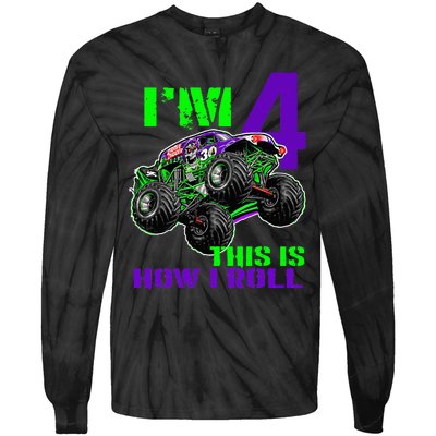 Monster Trucks Are My Jam 4th Birthday Boy 4 Years Old Tie-Dye Long Sleeve Shirt