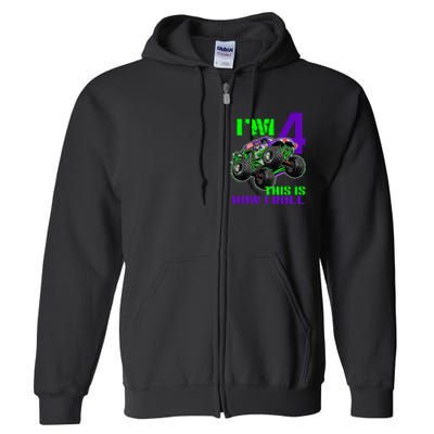 Monster Trucks Are My Jam 4th Birthday Boy 4 Years Old Full Zip Hoodie