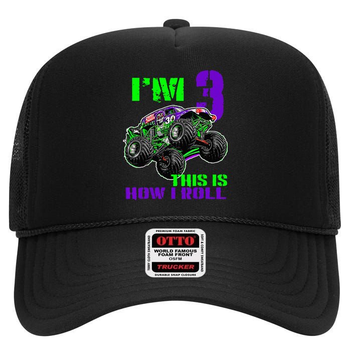 Monster Trucks Are My Jam 3rd Birthday Boy 3 Years Old High Crown Mesh Back Trucker Hat