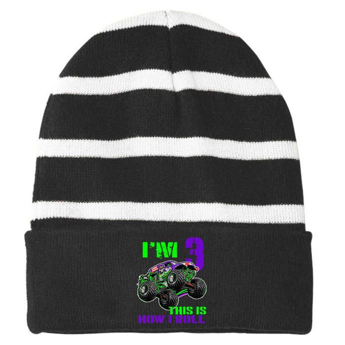 Monster Trucks Are My Jam 3rd Birthday Boy 3 Years Old Striped Beanie with Solid Band