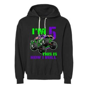 Monster Trucks Are My Jam 5th Birthday Boy 5 Years Old Bday Garment-Dyed Fleece Hoodie