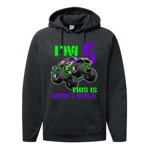 Monster Trucks Are My Jam 5th Birthday Boy 5 Years Old Bday Performance Fleece Hoodie