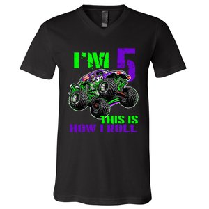 Monster Trucks Are My Jam 5th Birthday Boy 5 Years Old Bday V-Neck T-Shirt