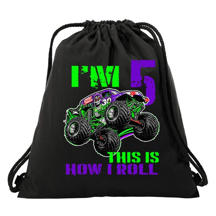 Monster Trucks Are My Jam 5th Birthday Boy 5 Years Old Bday Drawstring Bag