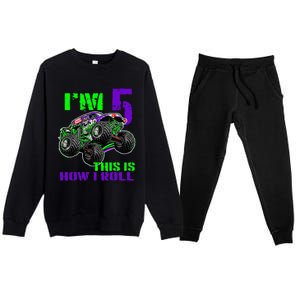 Monster Trucks Are My Jam 5th Birthday Boy 5 Years Old Bday Premium Crewneck Sweatsuit Set