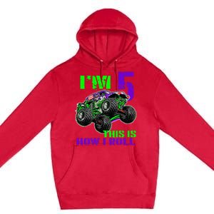 Monster Trucks Are My Jam 5th Birthday Boy 5 Years Old Bday Premium Pullover Hoodie