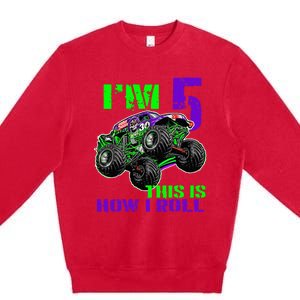 Monster Trucks Are My Jam 5th Birthday Boy 5 Years Old Bday Premium Crewneck Sweatshirt