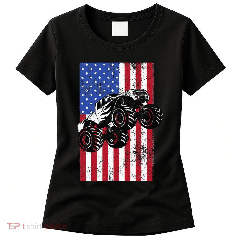 Monster Truck American Flag Racing Usa Patriotic America Womens T-Shirt