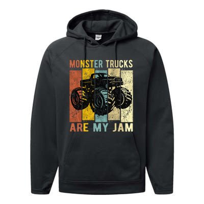 Monster Trucks Are My Jam Vintage Retro Monster Truck Performance Fleece Hoodie