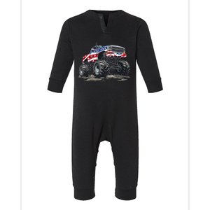 Monster Truck American Flag Boy 4th Of July Infant Fleece One Piece