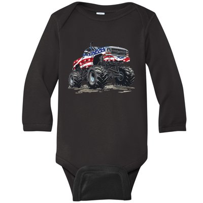 Monster Truck American Flag Boy 4th Of July Baby Long Sleeve Bodysuit