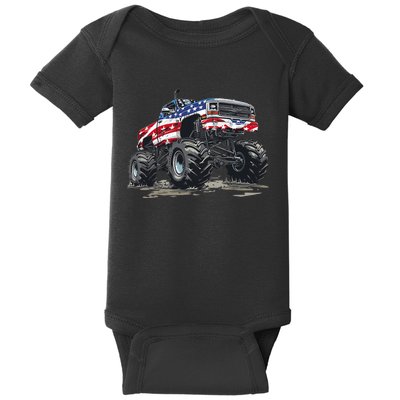 Monster Truck American Flag Boy 4th Of July Baby Bodysuit