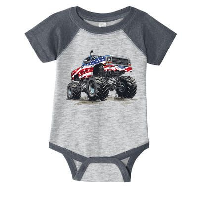 Monster Truck American Flag Boy 4th Of July Infant Baby Jersey Bodysuit