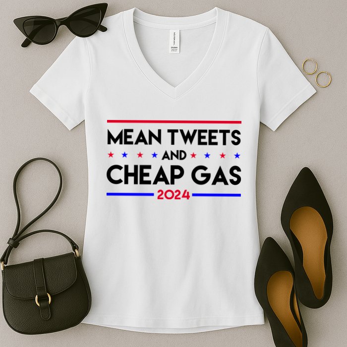 Mean Tweets And Cheap Gas 2024 Funny Political Women's V-Neck T-Shirt