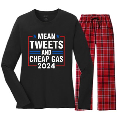 Mean Tweets And Cheap Gas Prices Meme 2024 Pro Trump Fan Women's Long Sleeve Flannel Pajama Set 