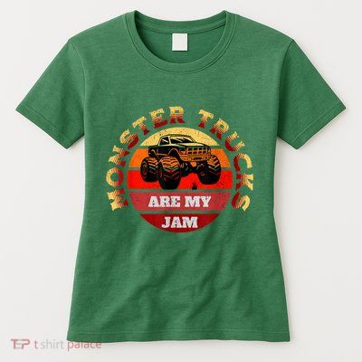 Monster Trucks Are My Jam Retro Vintage Sunset Big Car Womens T-Shirt