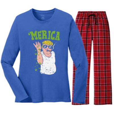 Merica Trump Bae Smoking Weed Cannabis Funny 420 Stoner Gift Women's Long Sleeve Flannel Pajama Set 