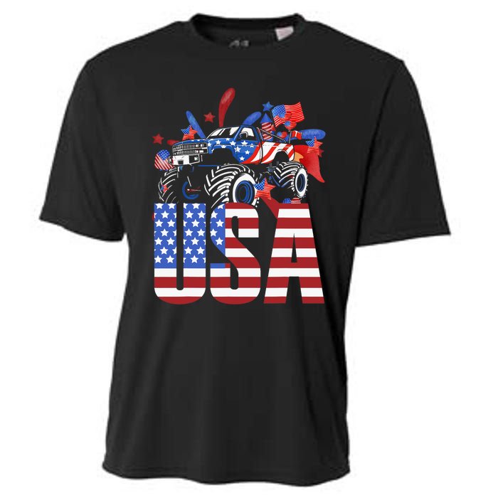 Monster Truck Boy USA American Flag July 4th Cooling Performance Crew T-Shirt