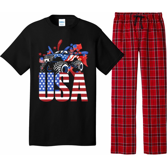 Monster Truck Boy USA American Flag July 4th Pajama Set