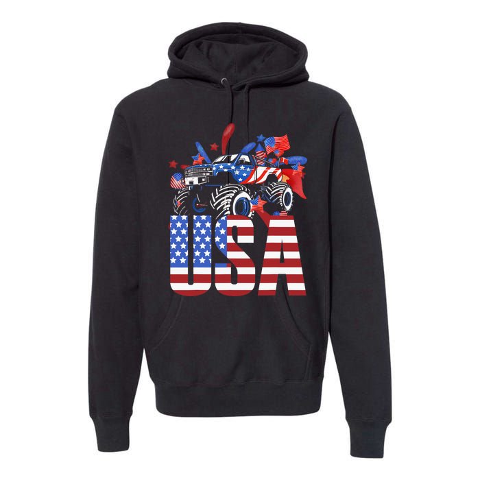 Monster Truck Boy USA American Flag July 4th Premium Hoodie