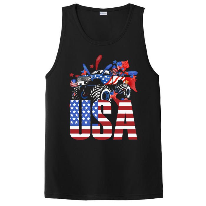 Monster Truck Boy USA American Flag July 4th PosiCharge Competitor Tank