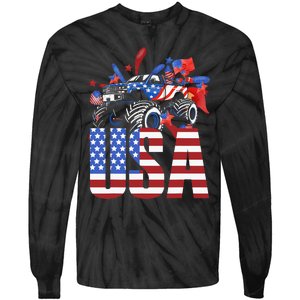 Monster Truck Boy USA American Flag July 4th Tie-Dye Long Sleeve Shirt