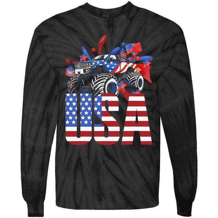 Monster Truck Boy USA American Flag July 4th Tie-Dye Long Sleeve Shirt